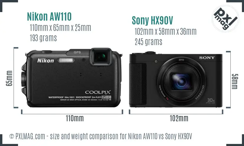 Nikon AW110 vs Sony HX90V size comparison