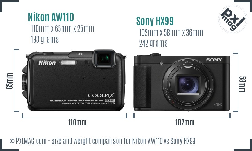 Nikon AW110 vs Sony HX99 size comparison Nikon AW110 vs Sony HX99 size comparison