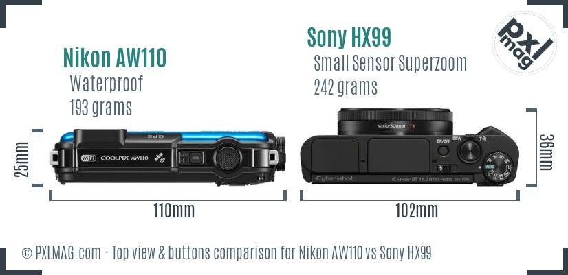 Nikon AW110 vs Sony HX99 top view buttons comparison