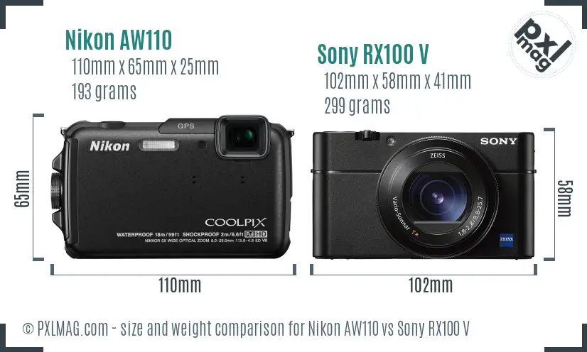 Nikon AW110 vs Sony RX100 V size comparison
