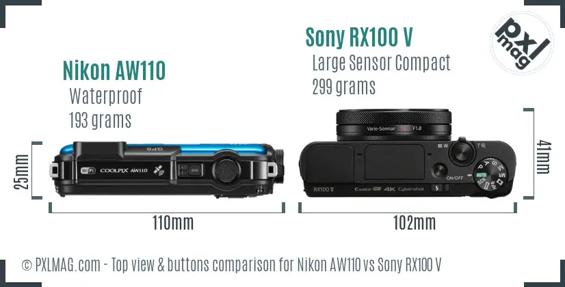 Nikon AW110 vs Sony RX100 V top view buttons comparison