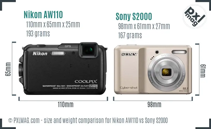 Nikon AW110 vs Sony S2000 size comparison Nikon AW110 vs Sony S2000 size comparison