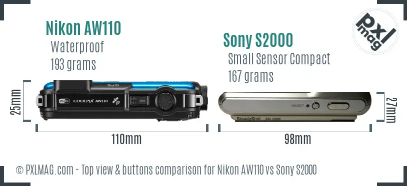 Nikon AW110 vs Sony S2000 top view buttons comparison