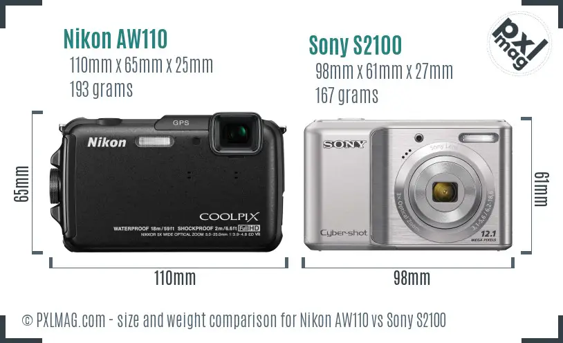 Nikon AW110 vs Sony S2100 size comparison