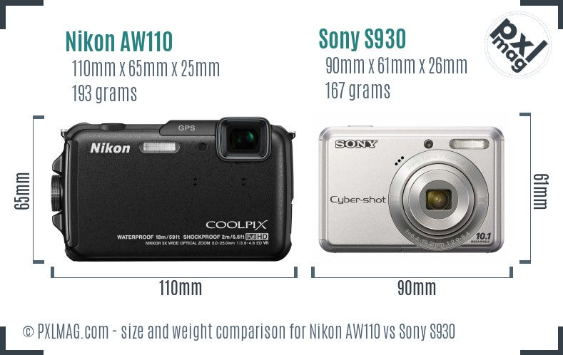 Nikon AW110 vs Sony S930 size comparison Nikon AW110 vs Sony S930 size comparison
