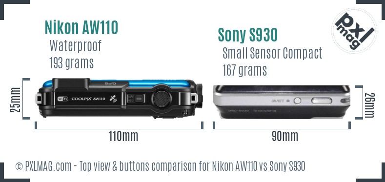 Nikon AW110 vs Sony S930 top view buttons comparison