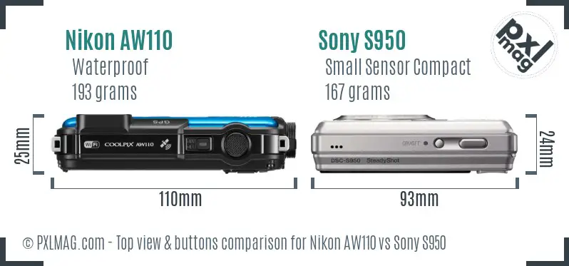 Nikon AW110 vs Sony S950 top view buttons comparison Nikon AW110 vs Sony S950 top view buttons comparison