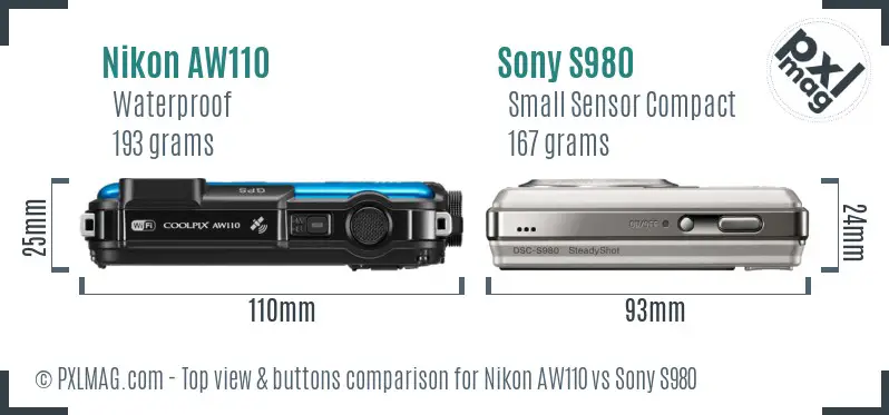 Nikon AW110 vs Sony S980 top view buttons comparison