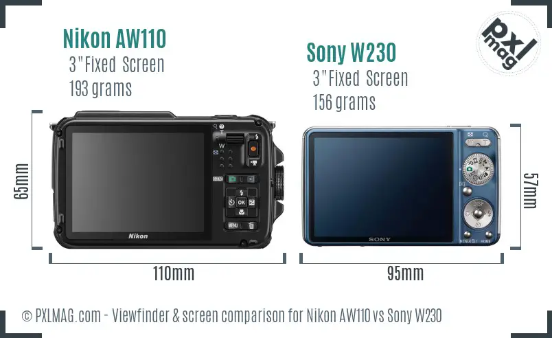 Nikon AW110 vs Sony W230 Screen and Viewfinder comparison