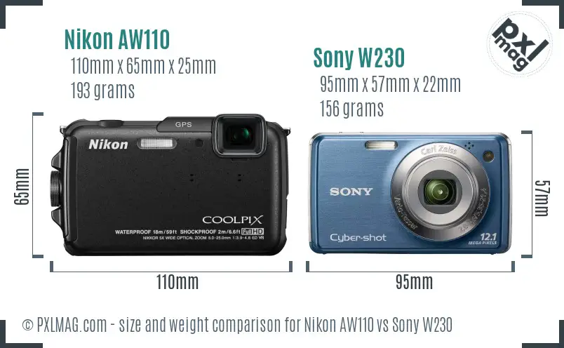 Nikon AW110 vs Sony W230 size comparison