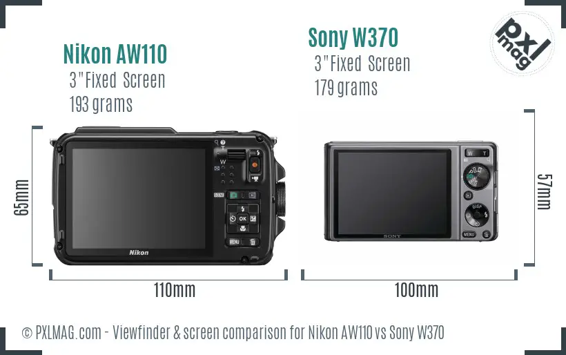 Nikon AW110 vs Sony W370 Screen and Viewfinder comparison