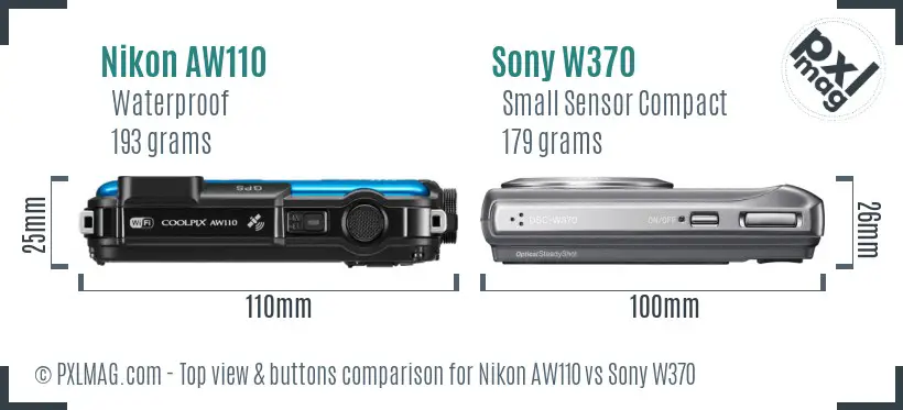 Nikon AW110 vs Sony W370 top view buttons comparison