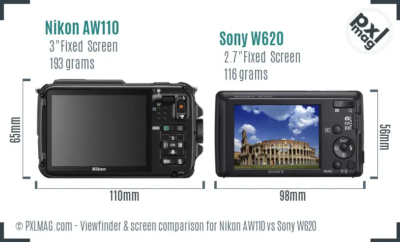 Nikon AW110 vs Sony W620 Screen and Viewfinder comparison