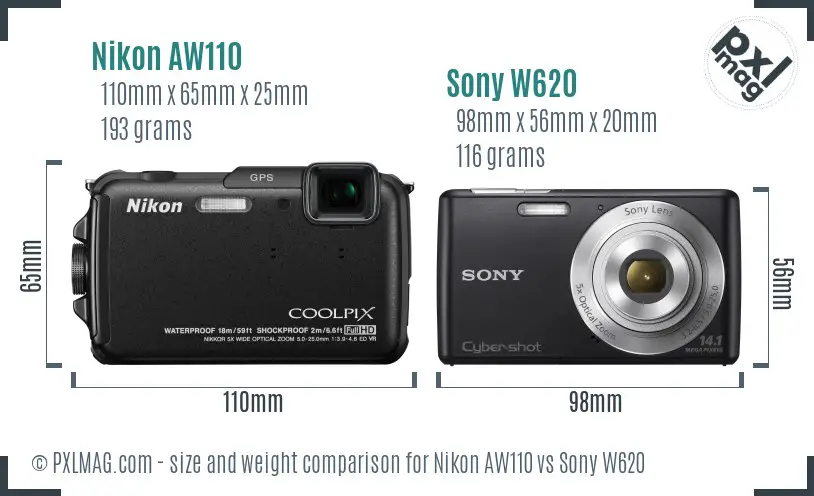 Nikon AW110 vs Sony W620 size comparison