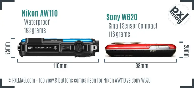 Nikon AW110 vs Sony W620 top view buttons comparison