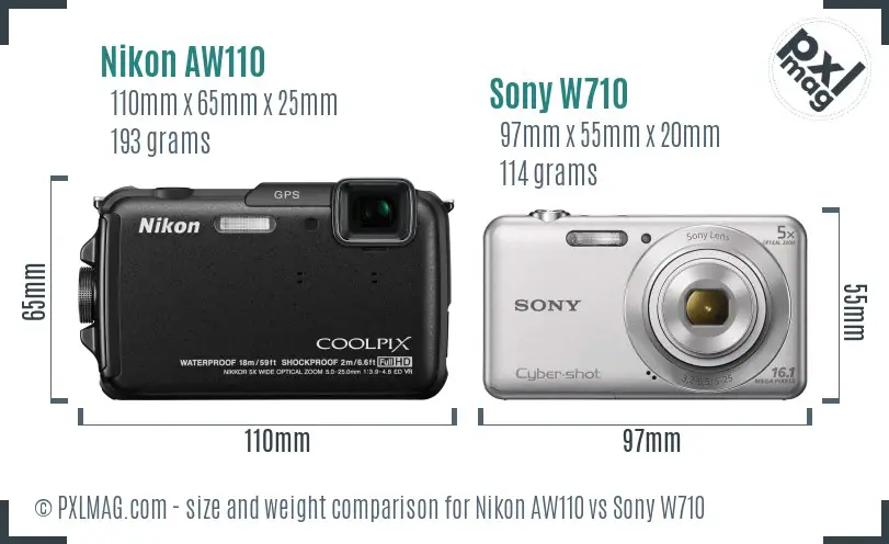 Nikon AW110 vs Sony W710 size comparison