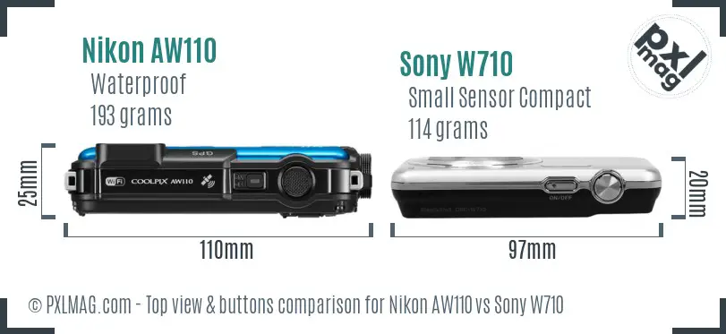 Nikon AW110 vs Sony W710 top view buttons comparison