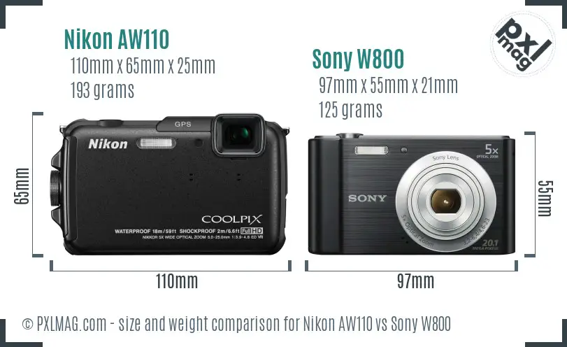 Nikon AW110 vs Sony W800 size comparison