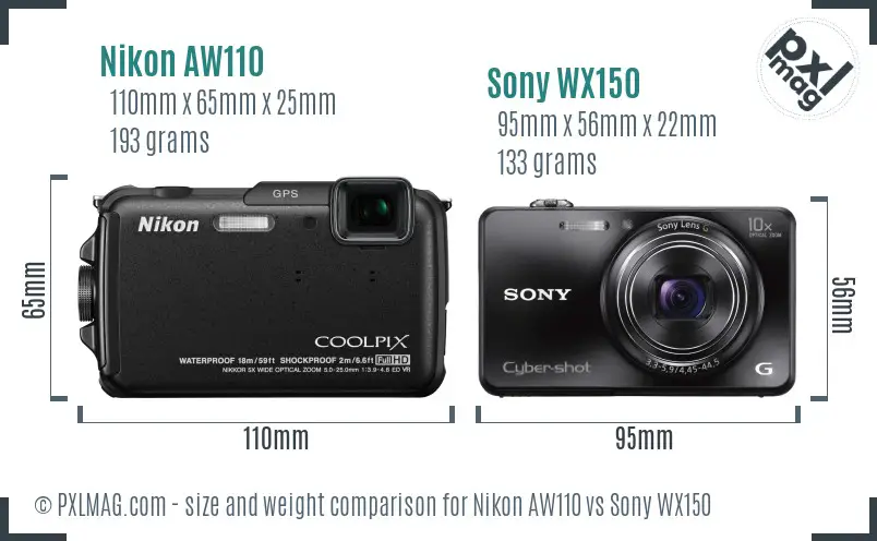 Nikon AW110 vs Sony WX150 size comparison Nikon AW110 vs Sony WX150 size comparison