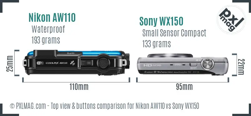 Nikon AW110 vs Sony WX150 top view buttons comparison Nikon AW110 vs Sony WX150 top view buttons comparison