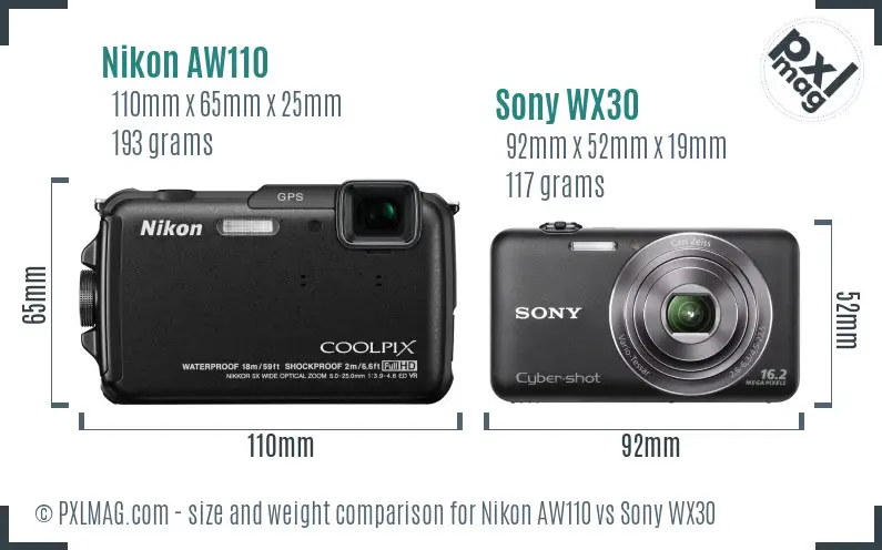 Nikon AW110 vs Sony WX30 size comparison