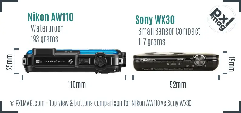 Nikon AW110 vs Sony WX30 top view buttons comparison