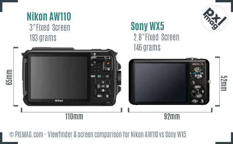 Nikon AW110 vs Sony WX5 Screen and Viewfinder comparison