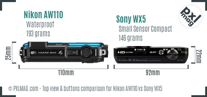 Nikon AW110 vs Sony WX5 top view buttons comparison