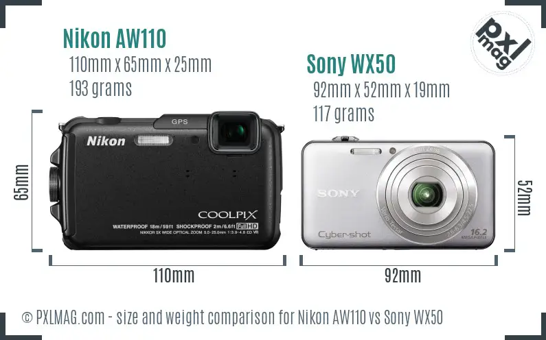 Nikon AW110 vs Sony WX50 size comparison