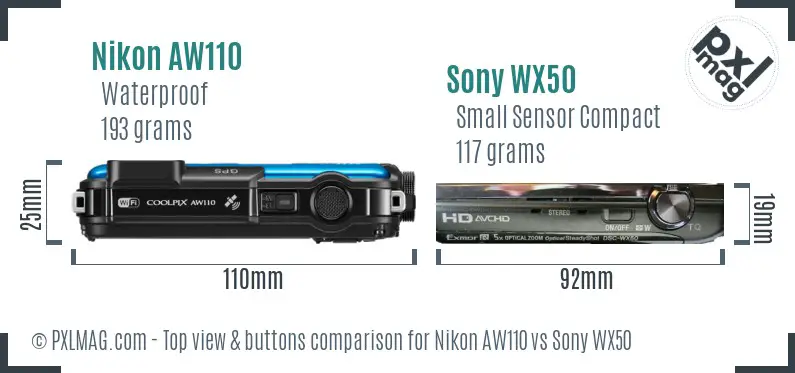 Nikon AW110 vs Sony WX50 top view buttons comparison