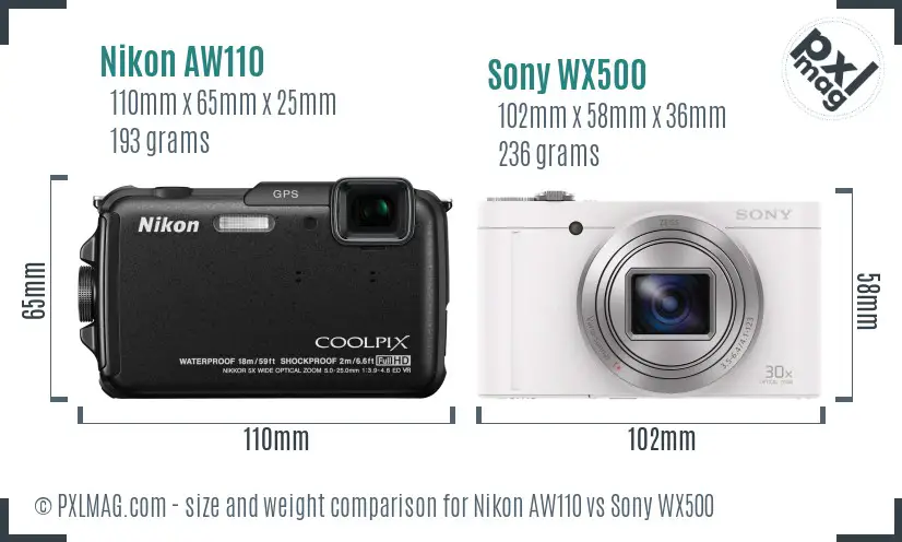 Nikon AW110 vs Sony WX500 size comparison