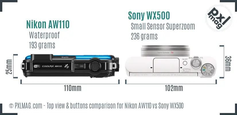 Nikon AW110 vs Sony WX500 top view buttons comparison