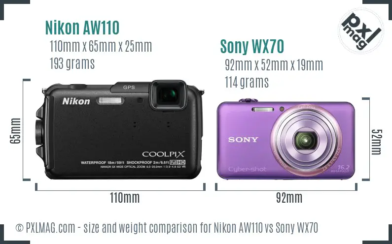 Nikon AW110 vs Sony WX70 size comparison