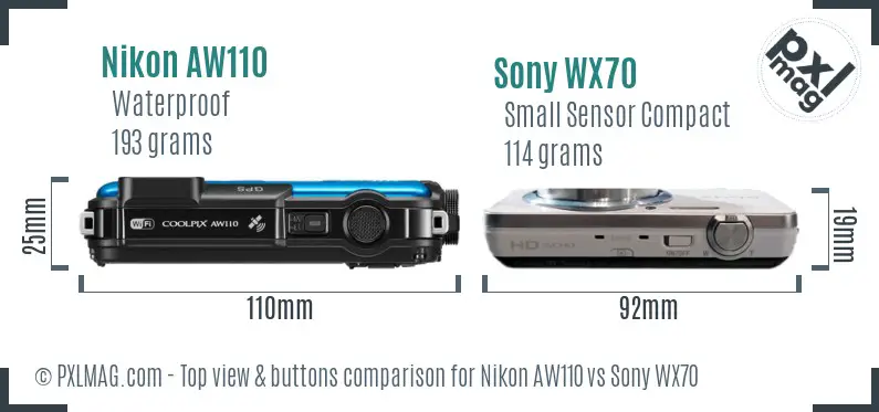 Nikon AW110 vs Sony WX70 top view buttons comparison