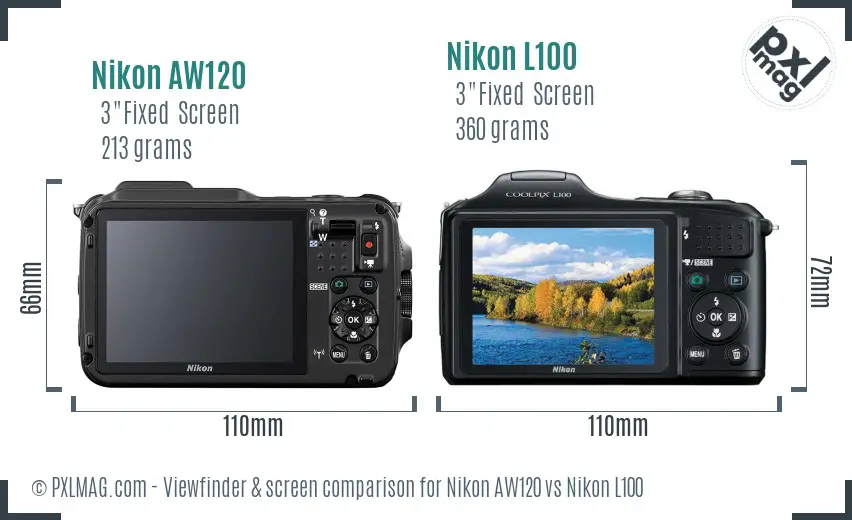 Nikon AW120 vs Nikon L100 Screen and Viewfinder comparison