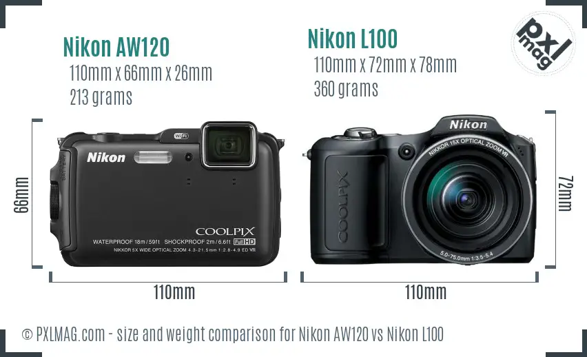 Nikon AW120 vs Nikon L100 size comparison
