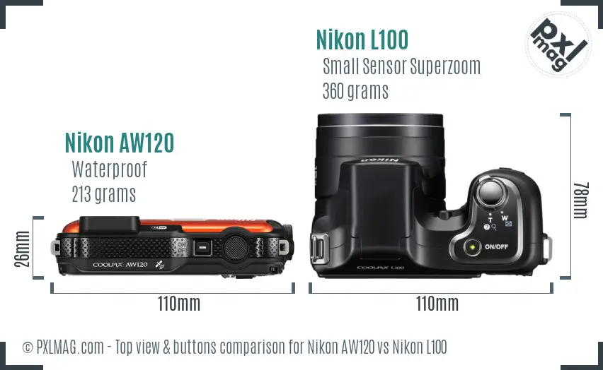 Nikon AW120 vs Nikon L100 top view buttons comparison