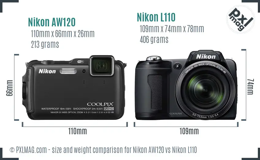 Nikon AW120 vs Nikon L110 size comparison