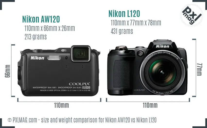 Nikon AW120 vs Nikon L120 size comparison