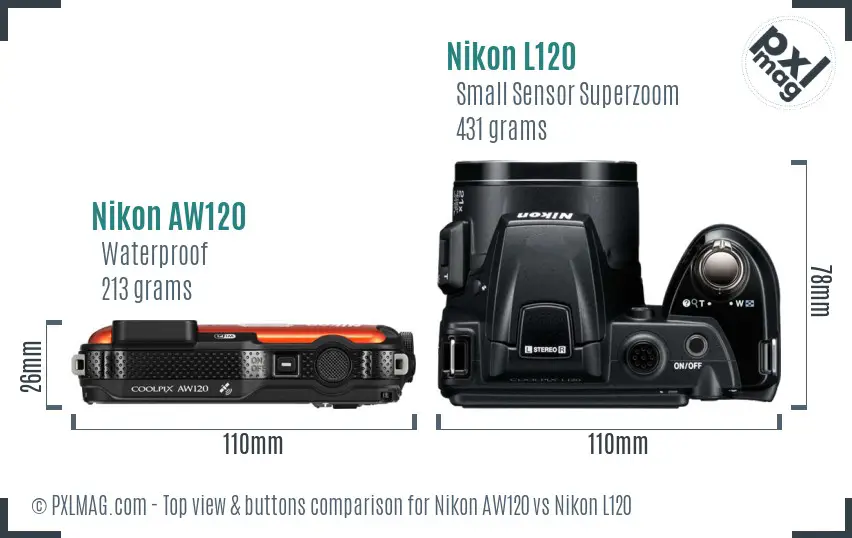 Nikon AW120 vs Nikon L120 top view buttons comparison
