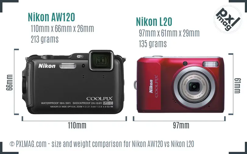 Nikon AW120 vs Nikon L20 size comparison