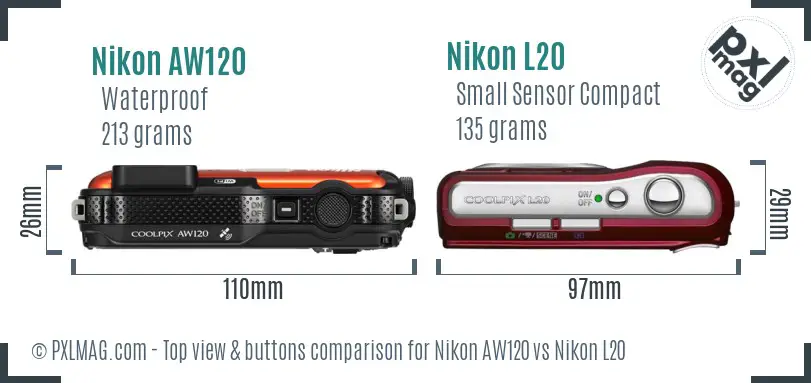 Nikon AW120 vs Nikon L20 top view buttons comparison