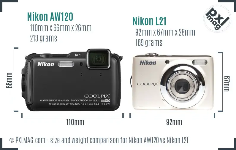 Nikon AW120 vs Nikon L21 size comparison