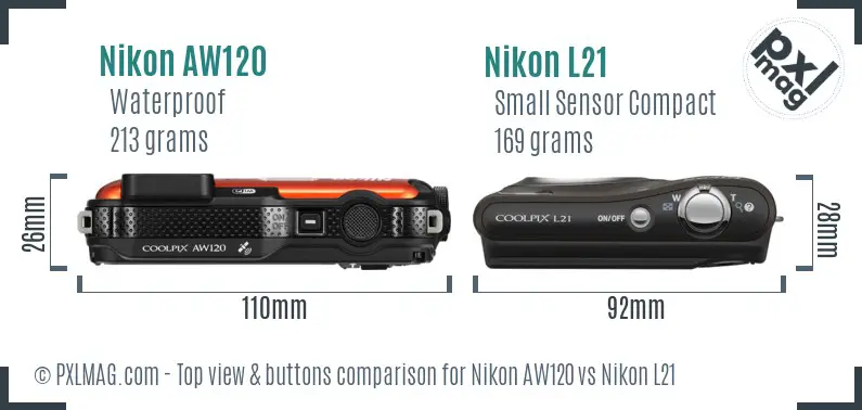 Nikon AW120 vs Nikon L21 top view buttons comparison