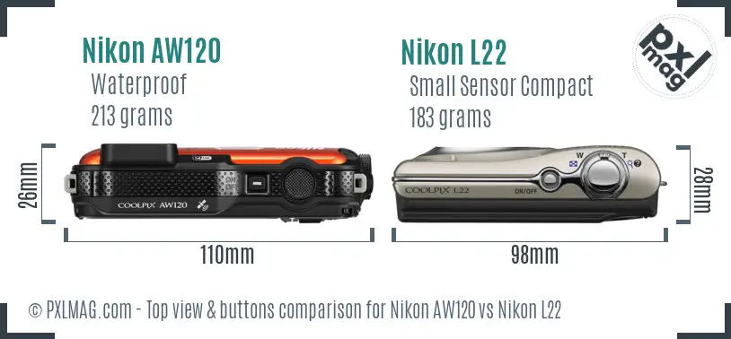 Nikon AW120 vs Nikon L22 top view buttons comparison