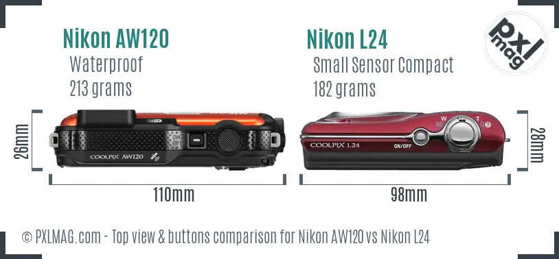 Nikon AW120 vs Nikon L24 top view buttons comparison Nikon AW120 vs Nikon L24 top view buttons comparison