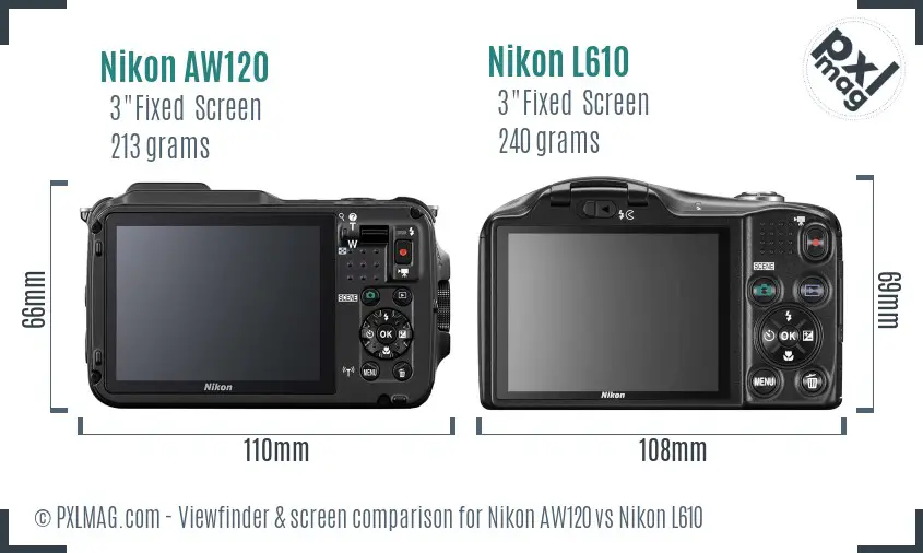 Nikon AW120 vs Nikon L610 Screen and Viewfinder comparison