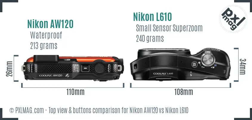 Nikon AW120 vs Nikon L610 top view buttons comparison