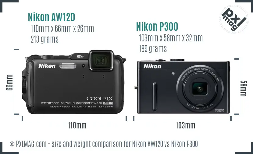 Nikon AW120 vs Nikon P300 size comparison