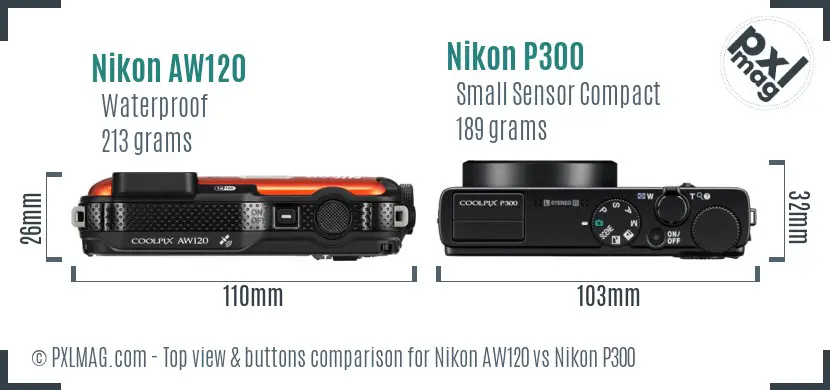 Nikon AW120 vs Nikon P300 top view buttons comparison